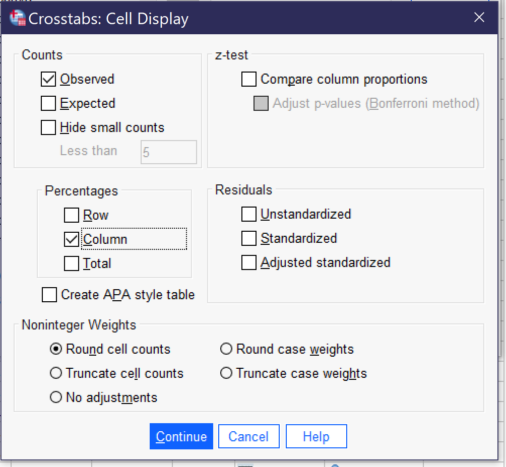 Alt+O for observed; Users of keyboard navigation should note this dialog is misconfigured; Alt+C is the key combination given for both Column Percentages and Continue, and entering it thus triggers the Continue action and submits the dialog rather than toggling the Column percents. It is still possible to tab through the items in the dialog.