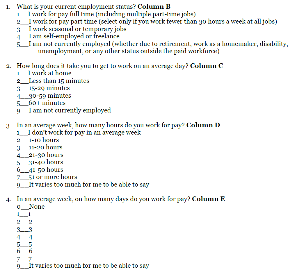 The text of four survey questions: What is your current employment status?, How long does it take you to get to work on an average day?, In an average week, how many hours do you work for pay?, In an average week, on how many days do you work for pay?. Each question is followed by a column letter and then by all of the survey answer choices. Each answer choice is given a number.