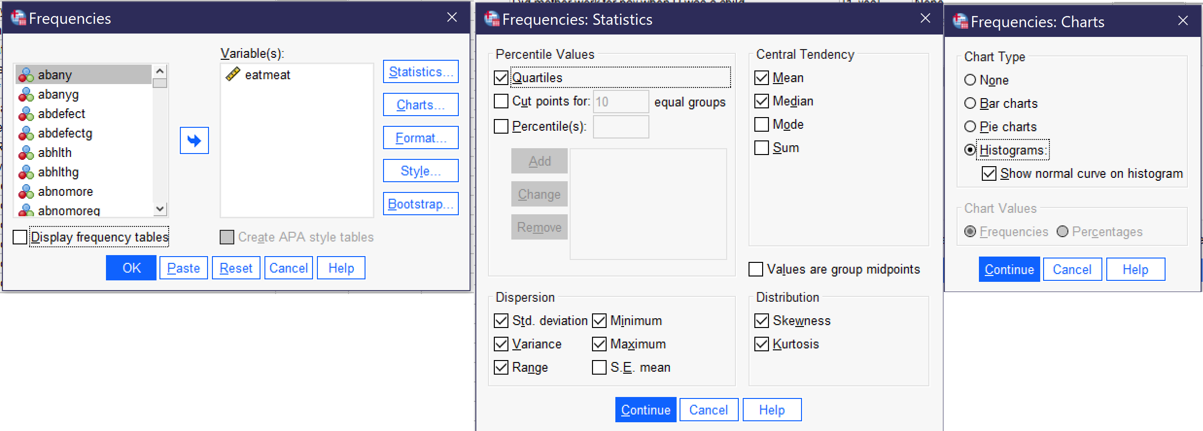 An image showing what the Frequencies, Statistics, and Charts dialogs look like with the options selected.