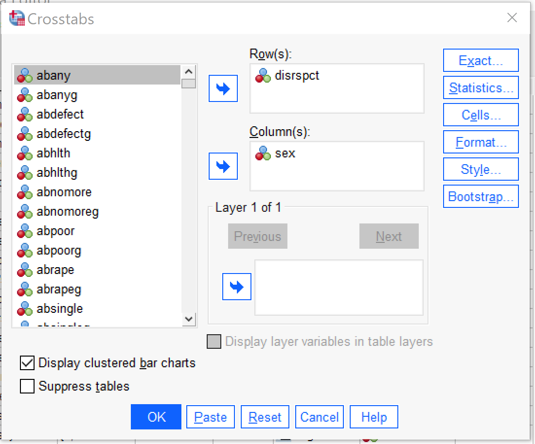 Alt+O moves to the Row box; Alt+C to the Column box; Alt+B toggles clustered bar charts; Alt+T toggles suppress tables; Alt+S opens the statistics dialog; Alt+E opens the Cells dialog; other menus and options are beyond the scope of this discussion.