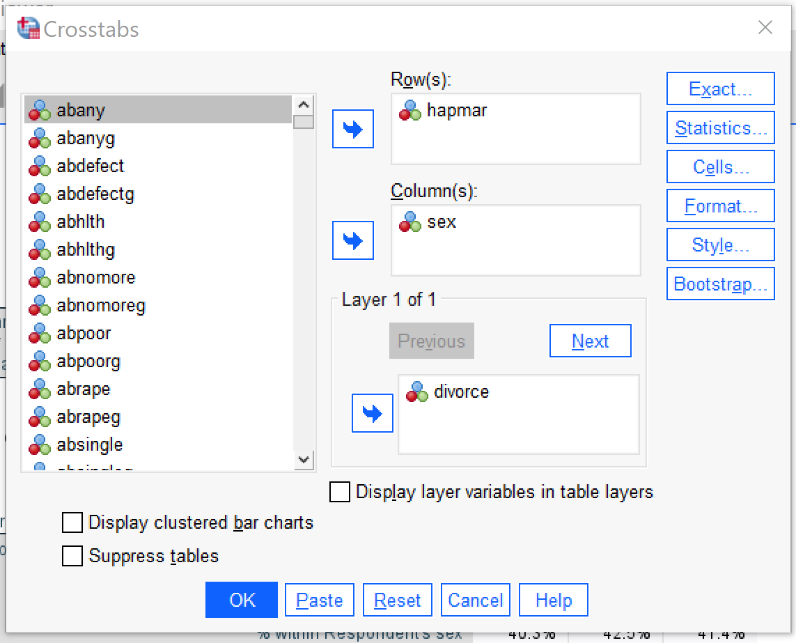 Alt+O moves to the Row box; Alt+C to the Column box; Alt+B toggles clustered bar charts; Alt+T toggles suppress tables; Alt+S opens the statistics dialog; Alt+E opens the Cells dialog; other menus and options are beyond the scope of this discussion. Tab must be used to access the layer box.