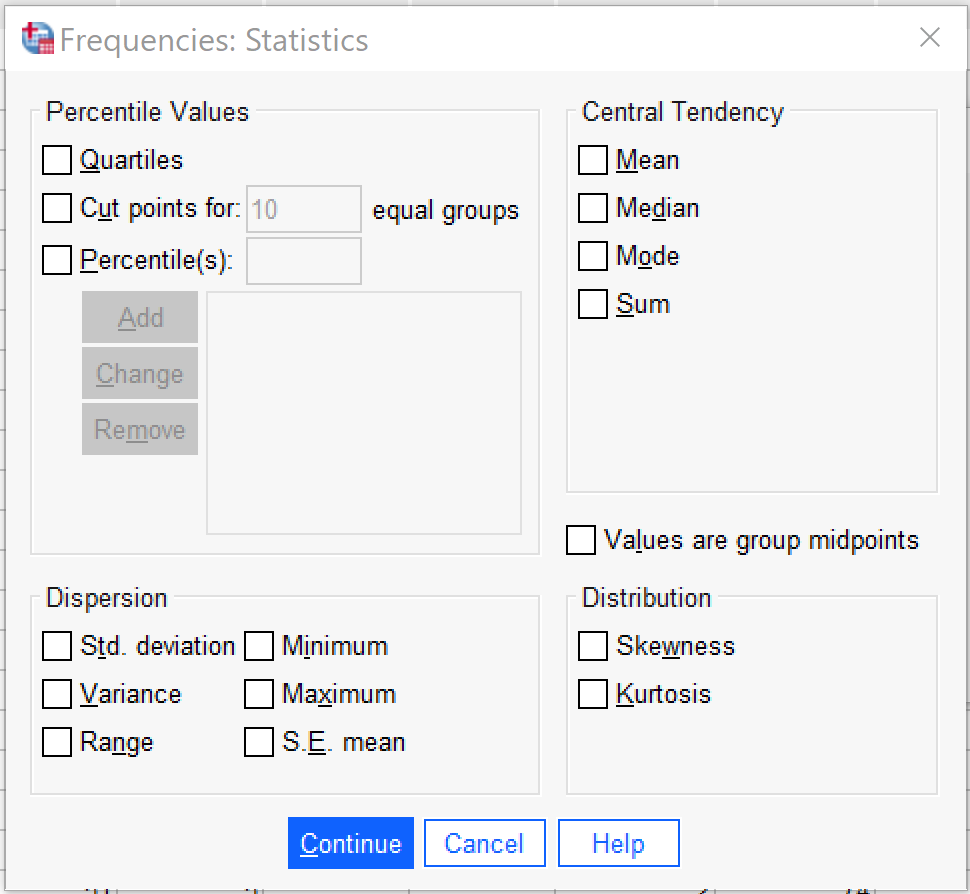 Alt+Q for quartiles; Alt+U for cut points for a user-specified number of groups; Alt+P for specified percentiles (Alt+A adds the specified percentile; when selected, Alt+M removes it). Alt+M for mean; Alt+D for median; Alt+O for mode; Alt+S for sum. Alt+T for standard deviation; Alt+V for variance; Alt+N for range; Alt+I for minimum; Alt+X for maximum; Alt+E for S.E. mean; Alt+W for skewness; Alt+K for kurtosis. There is also Alt+l for noting that values are group midpoints.