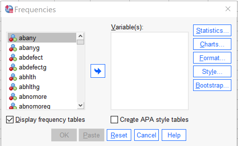 Tab can be used to select variables and move them into the Variables list for running tests. Alt+D toggles the display of frequency tables; Alt+A whether to produce APA-style tables; Alt+V moves the focus to the Variables list; Alt+S opens the Statistics menu; Alt+C opens the Charts menu; Alt+F opens the format menu; Alt+L opens the style menu; Alt+B opens the Bootstrap menu. Alt+P pastes, Alt+R resets all options and selections.