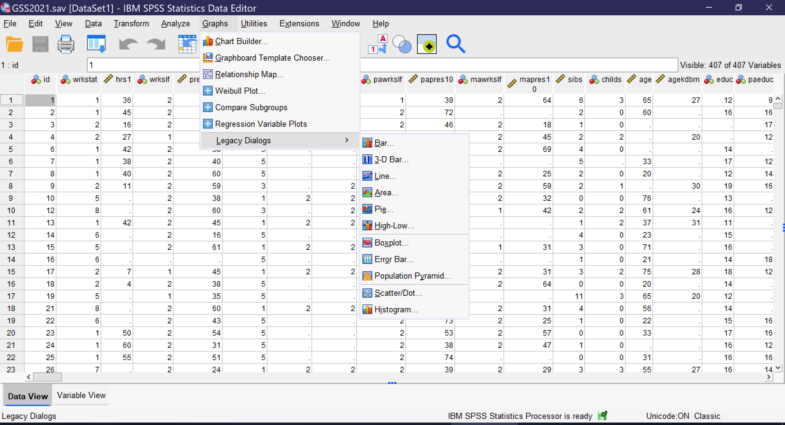 Access the dialog via Alt+G, Alt+L. Then, Alt+B loads bar graphs; Alt+3 3D bar graphs; Alt+L line graphs; Alt+ A area graphs; Alt+e Pie charts; Alt+H high-low plots; Alt+X boxplots; Alt+O error bars; Alt+Y population pyramids; Alt+S scatterplots/dot; and Alt+I histograms.