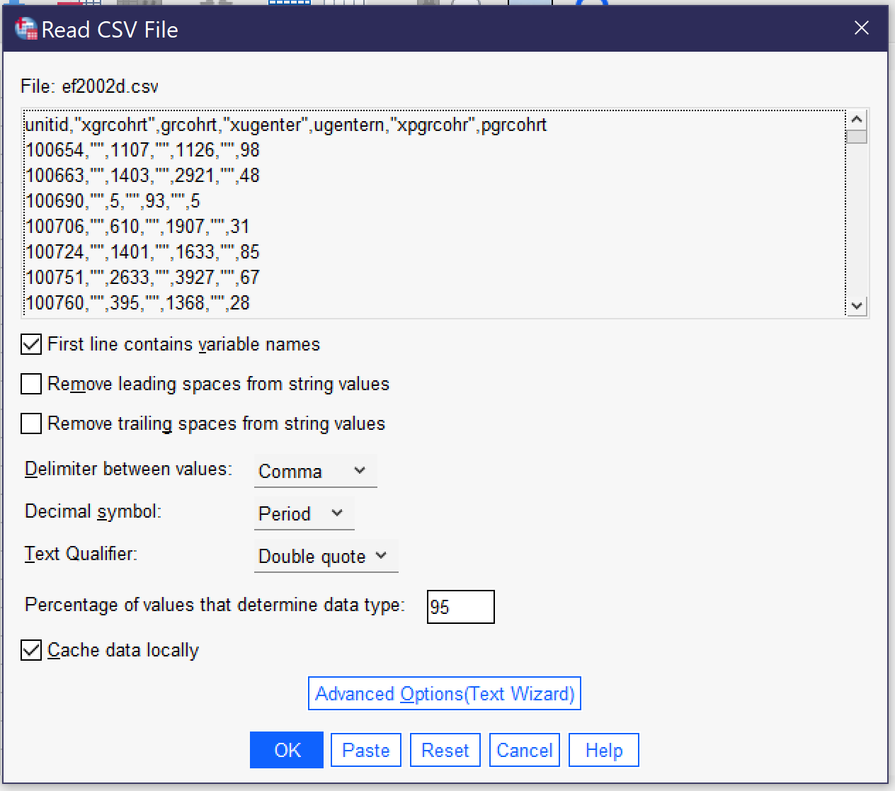 A screenshot of the import CSV popup. Alt+v toggles whether the first line contains variable names; Alt+M whether to remove leading spaces from string variables; Alt+G for removing trailing spaces from string variables; Alt+D to indicate whether the delimiter between values is a comma, semicolon, or tab; Alt+S to indicate whether the decimal symbol is a period or comma; Alt+T to indicate whether the text qualifier is a double quote, single quote, or none; and Alt+C for whether to cache data locally. Alt+O opens a text wizard which will be discussed under importing text.