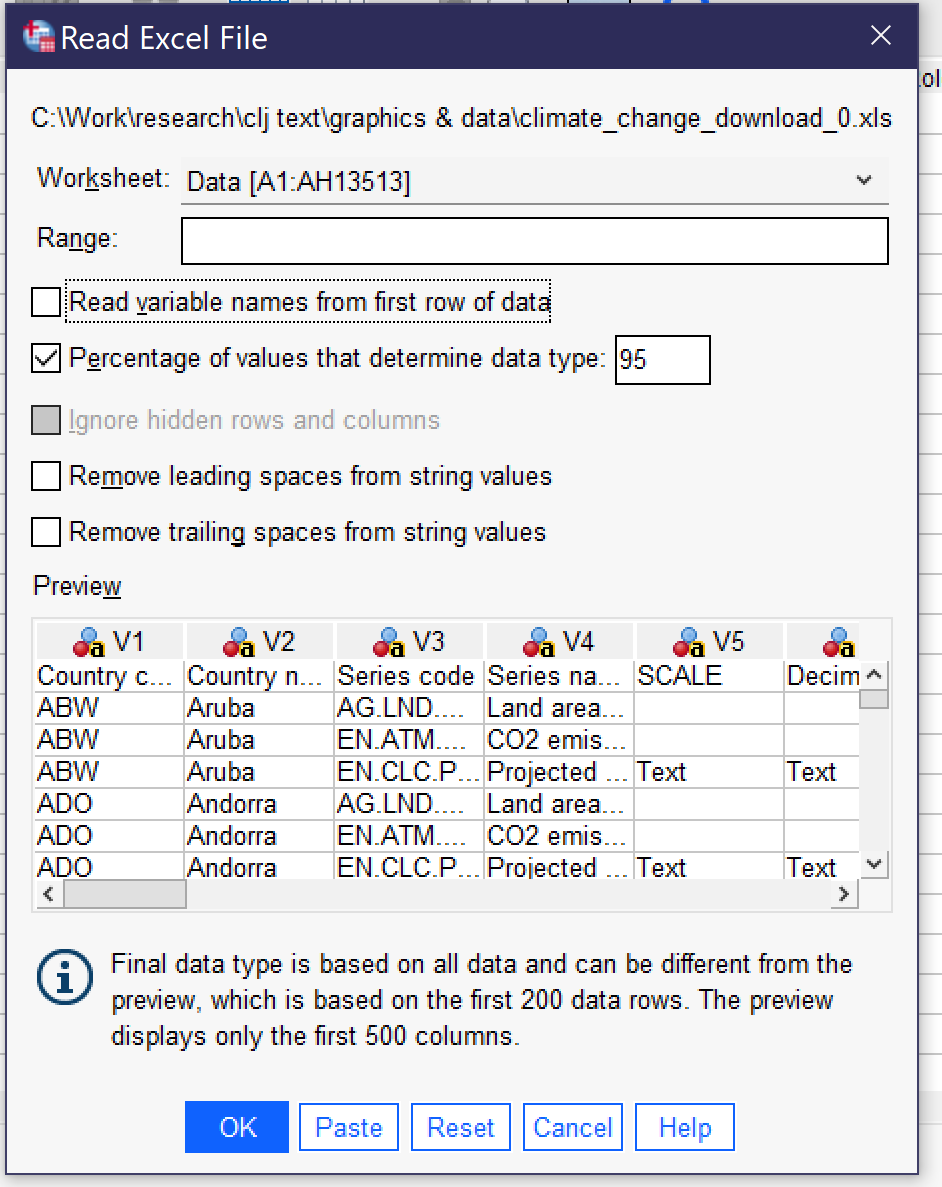 A screenshot of the popup window for importation of an Excel file. To navigate the window: Alt+k for selecting the worksheet; Alt+n for selecting the range within the worksheet; Alt+e for the percentage of variables that determine data type (default is 95); Alt+I for ignore hidden rows and columns (which will be greyed out if none are hidden); Alt+M for remove leading spaces from string values; Alt+g for remove trailing spaces for string values.