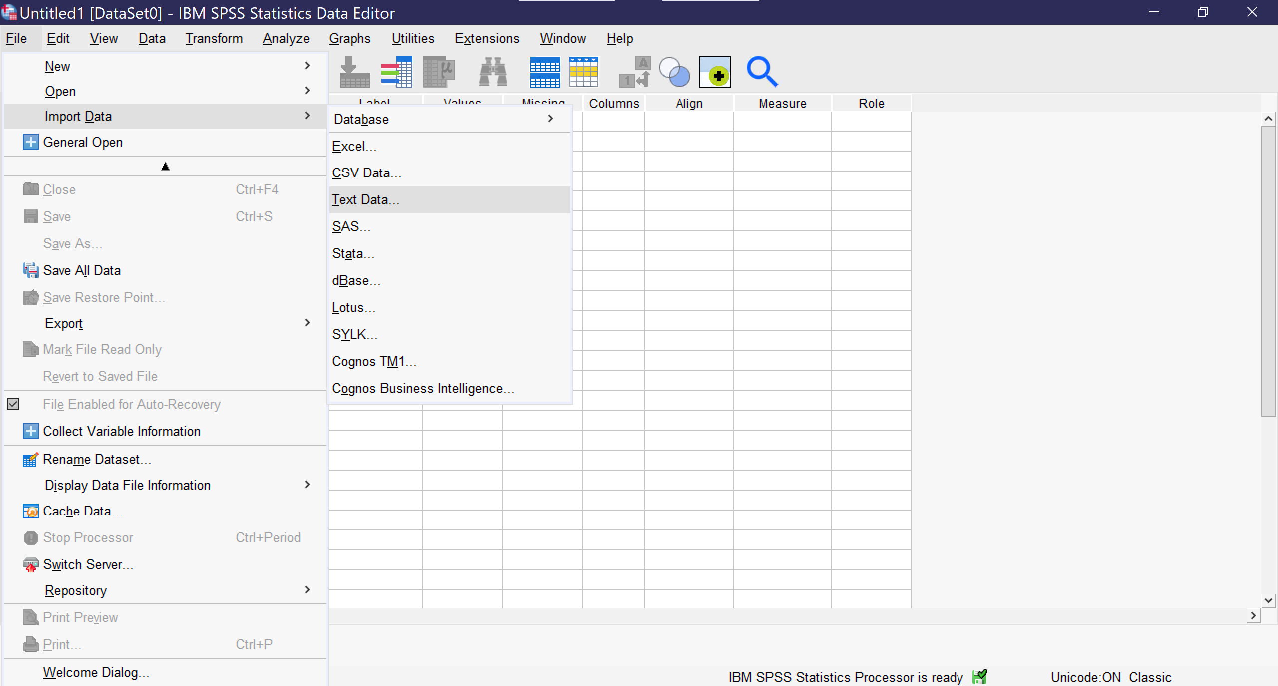 A screenshot showing the visual navigation to import data in SPSS. To navigate by keys: Alt+F opens the file menu; then Alt+D opens the import data menu. Then choose Alt+B to run a query on database data; Alt+E for Excel, Alt+C for CSV, Alt+T for text data, Alt+S for SAS; Alt+a for Stata; Alt+B for dBase--there are two commands using Alt+B; Alt+L for Lotus; Alt+Y for SYLK; Alt+M for Cognos TM1; and Alt+O for Cognos Business Intelligence.