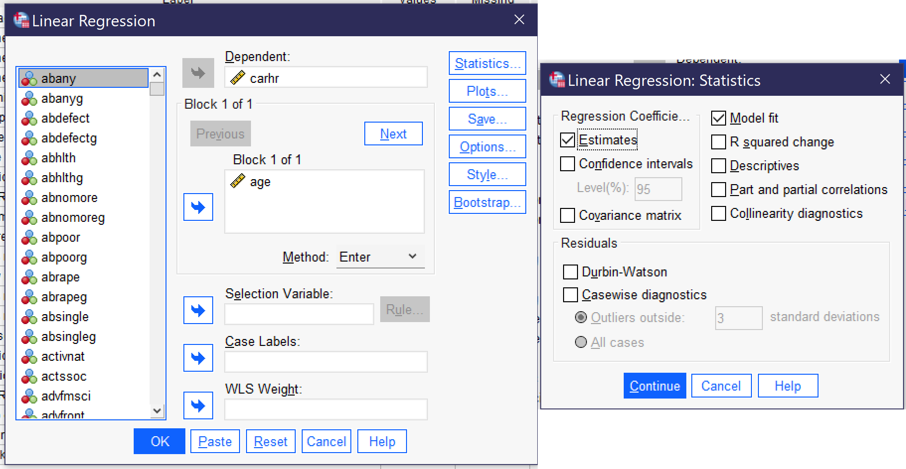 A screenshot of the linear regression dialog and the statistics popup from within the dialog. Alt+D navigates to the dependent variable box; tab must be used to get to the Block 1 of 1 box, where independent variables go. Alt+S opens the statistics window; here, Alt+E toggles displaying estimates and Alt+M toggles displaying Model Fit (both of these should stay on). There are many, many other options both in the main window and in the statistics window, but these are beyond the scope of the chapter.