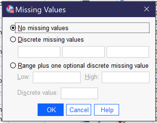 A screenshot of the missing values popup in SPSS. Alt+N selects no missing values. Alt+D selects discrete missing values, and then three blanks can be filled in with specific missing values. Alt+R selects range plus one optional discrete missing value. Within this option, Alt+L moves the cursor to the blank for the low end of the range, Alt+H to the blank for the high end of the range, and Alt+s moves the cursor to the blank for the single discrete missing value.