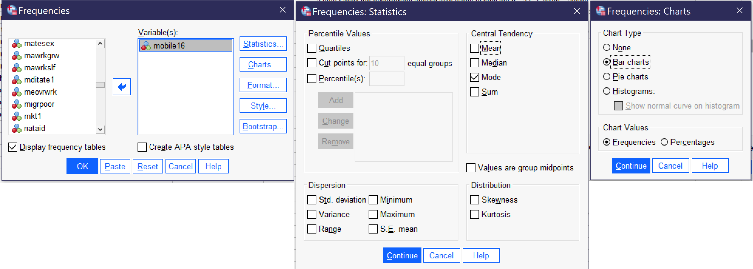 An image showing what the Frequencies, Statistics, and Charts dialogs look like with the options selected.