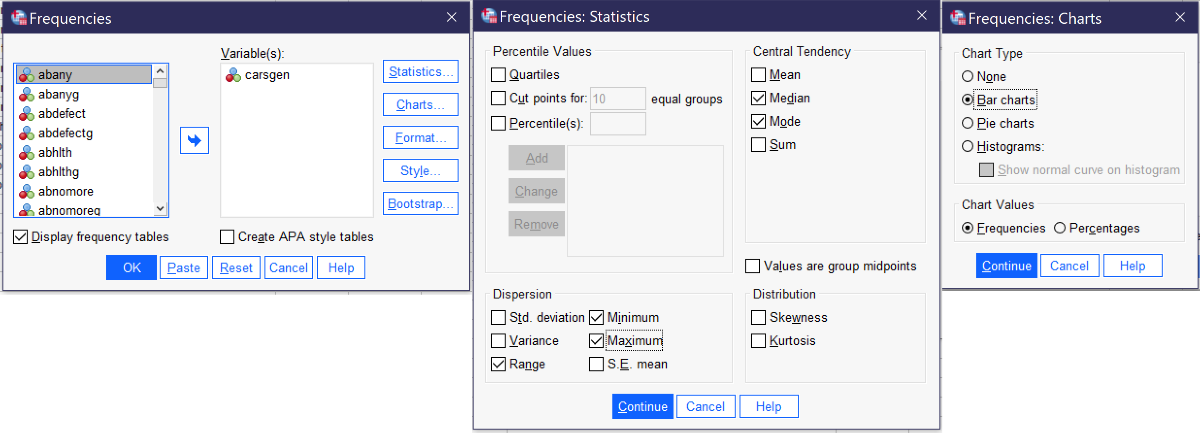 An image showing what the Frequencies, Statistics, and Charts dialogs look like with the options selected.