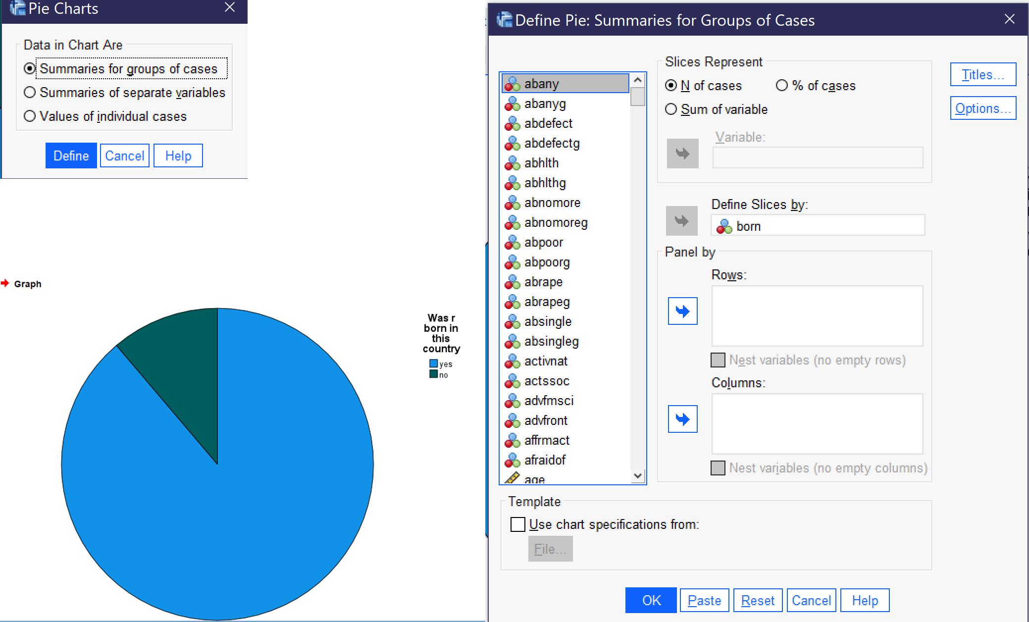Alt+G, Alt+L, Alt+E selects the pie chart dialog. Alt+G selects summaries for groups of cases. Alt+N selects number of cases and Alt+A selects percent of cases. Alt+b moves to the "Define slices by" field. The resulting graph shows that well more than three quarters of respondents were born in the United States.