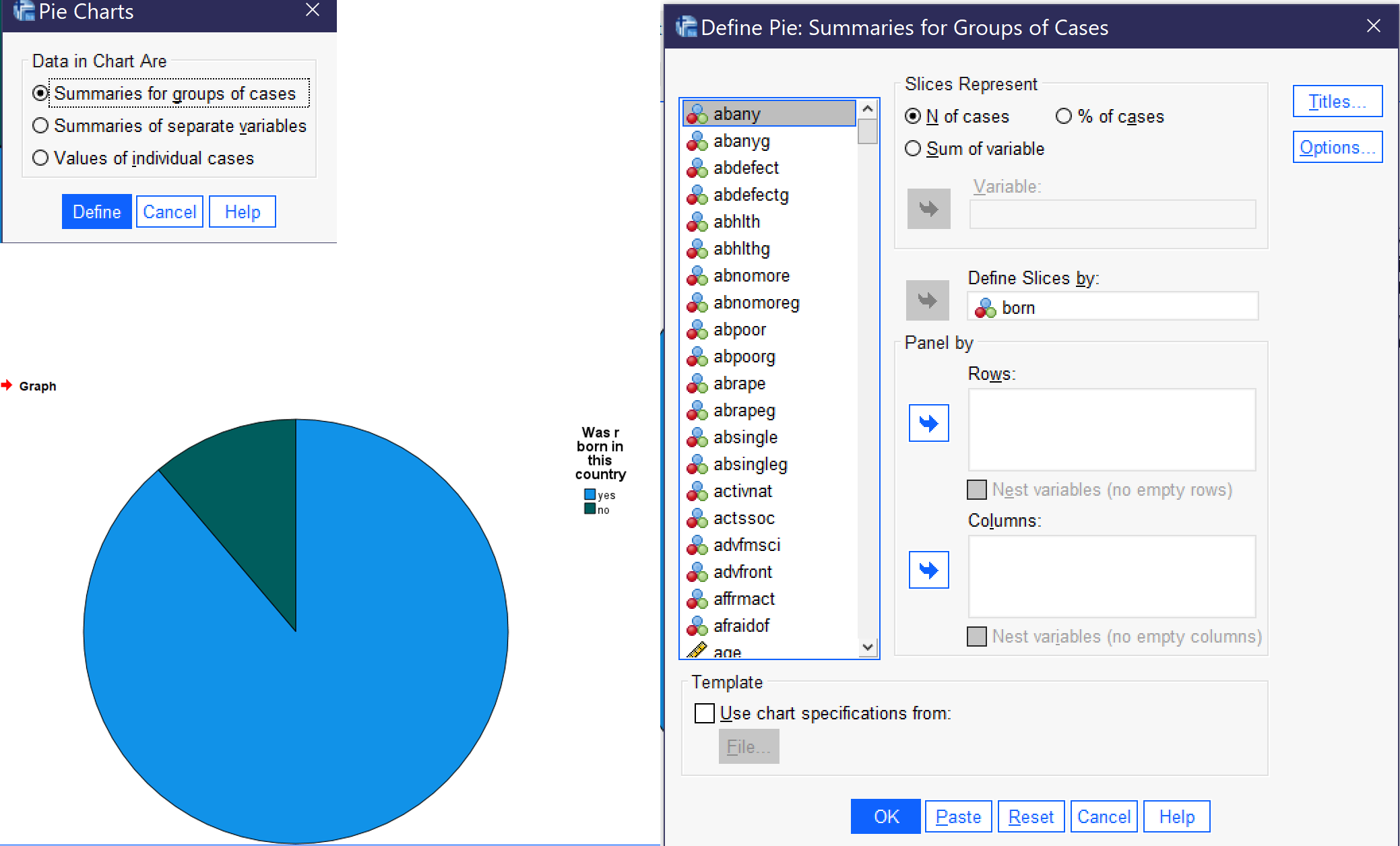 Alt+G, Alt+L, Alt+E selects the pie chart dialog. Alt+G selects summaries for groups of cases. Alt+N selects number of cases and Alt+A selects percent of cases. Alt+b moves to the &quot;Define slices by&quot; field. The resulting graph shows that well more than three quarters of respondents were born in the United States.