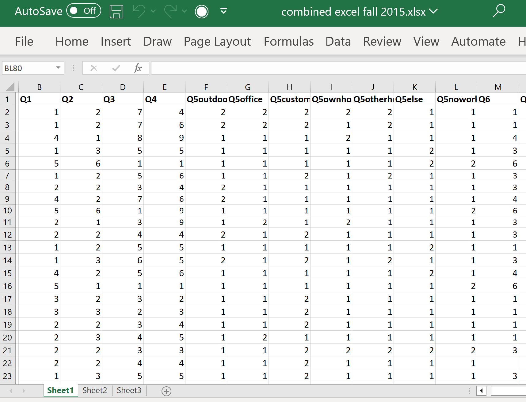 A screenshot of a Microsoft Excel window showing column headers that indicate survey question numbers, with numerical codes taken from the codebook entered into each cell.