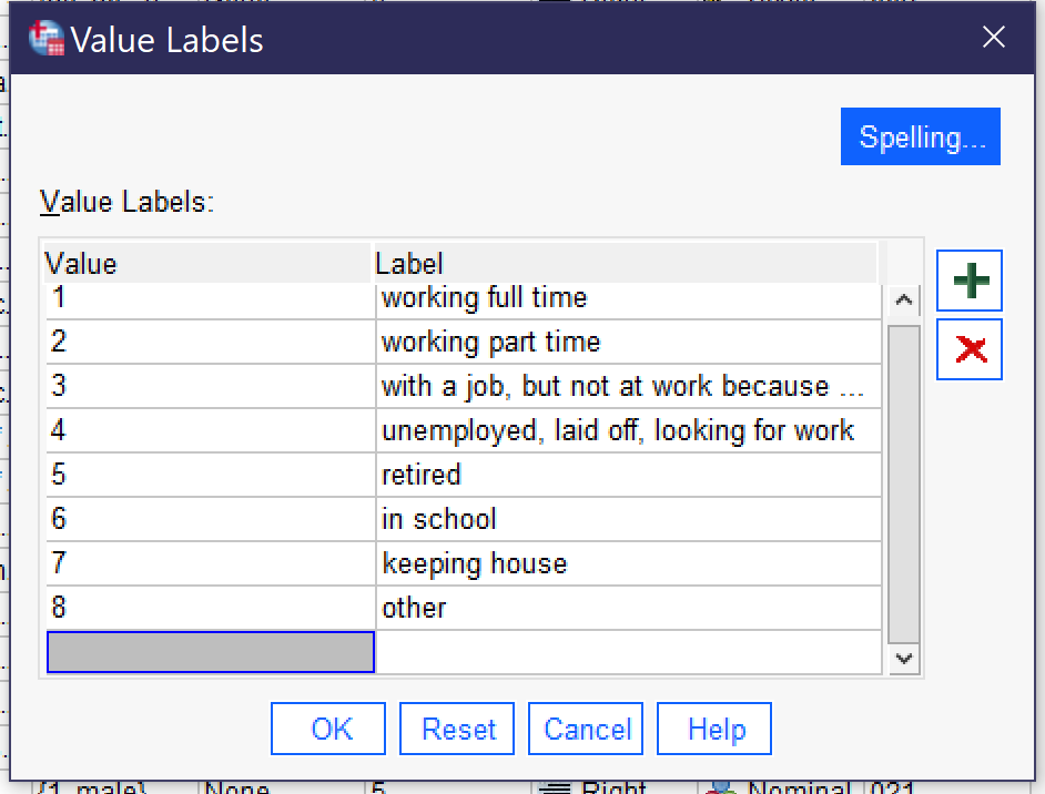 A screenshot of the value labels popup window showing values 1 through 7 and their labels, working full time, working part time, and so on. Tab moves users through the popup window.