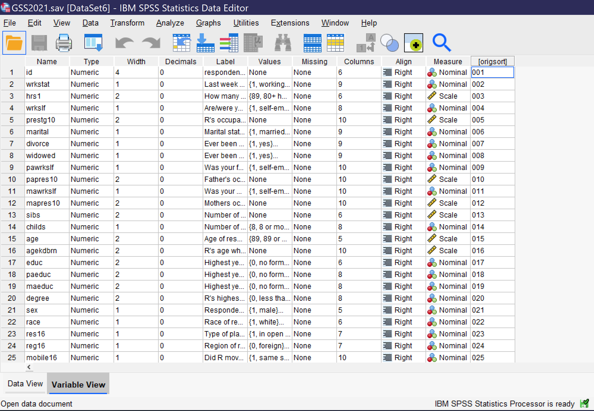 A screenshot of variable view in SPSS. Details are provided in the text.
