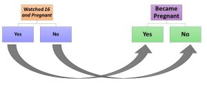This image contains two flow charts. In the first, "Watched 'Sixteen and Pregnant'" has two attributes displayed, "Yes" and "No." In the second, "Became Pregnant" has two attributes displayed, "Yes" and "No." An arrow connects "Yes" to "Yes" and an arrow connects "No" to "No."