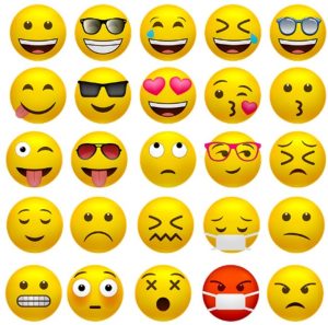 A 5 by 5 grid of emojis, including grinning face, grinning face with sunglasses, grinning face with a tear, laughing face, grinning face with glasses, face with tongue sticking out, smiling face with sunglasses, grinning face with hearts for eyes, kissing face blowing a kiss, kissing face, winking face with tongue sticking out, face with glasses and tongue sticking out, face with rolling eyes, smirking face with glasses, squinting face with frown, relieved face, frowning face, confounded face, face with surgical mask, confused face, grimacing face, flushed face, face with crossed-out eyes, angry face with surgical mask, and unamused face.