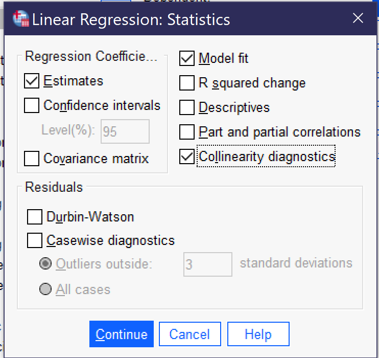 A screenshot of the Statistics dialog within the linear regression dialog. Alt+A, Alt+R, Alt+L opens the regression dialog; Alt+S opens the Statistics dialog; Alt+L toggles the Collinearity diagnostics option.