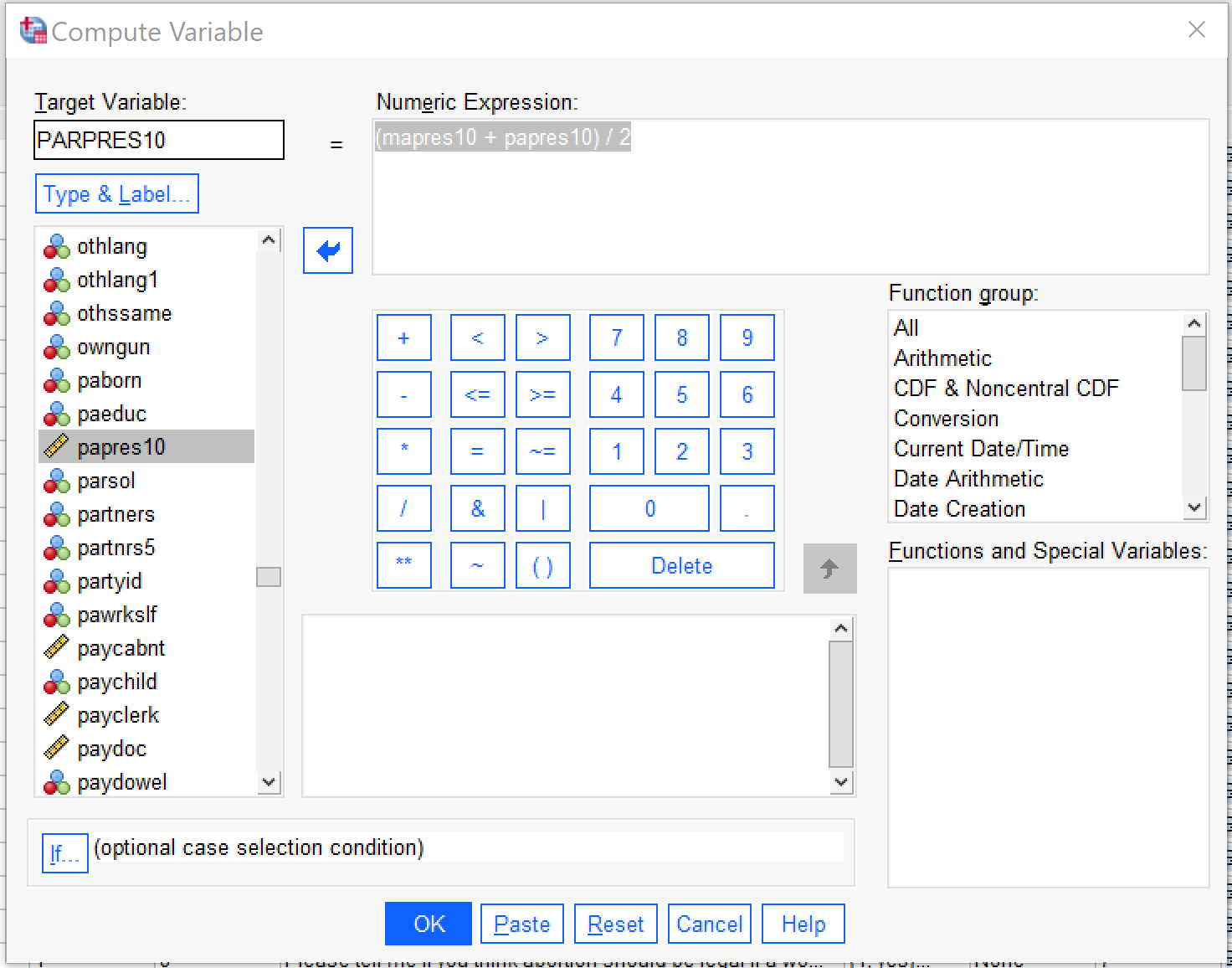 Alt+T goes to the target variable box; Alt+E to the numeric expression box (where it likely easiest to type the function directly); Alt+I to the If... dialog; Alt+L to the Type &amp; Label dialog, where Alt+L goes to label, Alt+U goes to Use Expression as Label, Alt+N to type: numeric; Alt+S to type:string; and Alt+W to specify the string width.