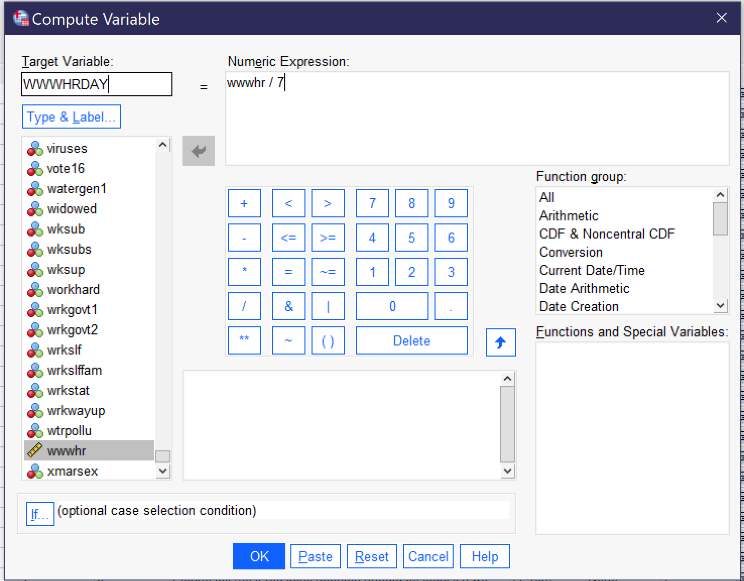 Alt+T goes to the target variable box; Alt+E to the numeric expression box (where it likely easiest to type the function directly); Alt+I to the If... dialog; Alt+L to the Type &amp; Label dialog, where Alt+L goes to label, Alt+U goes to Use Expression as Label, Alt+N to type: numeric; Alt+S to type:string; and Alt+W to specify the string width.