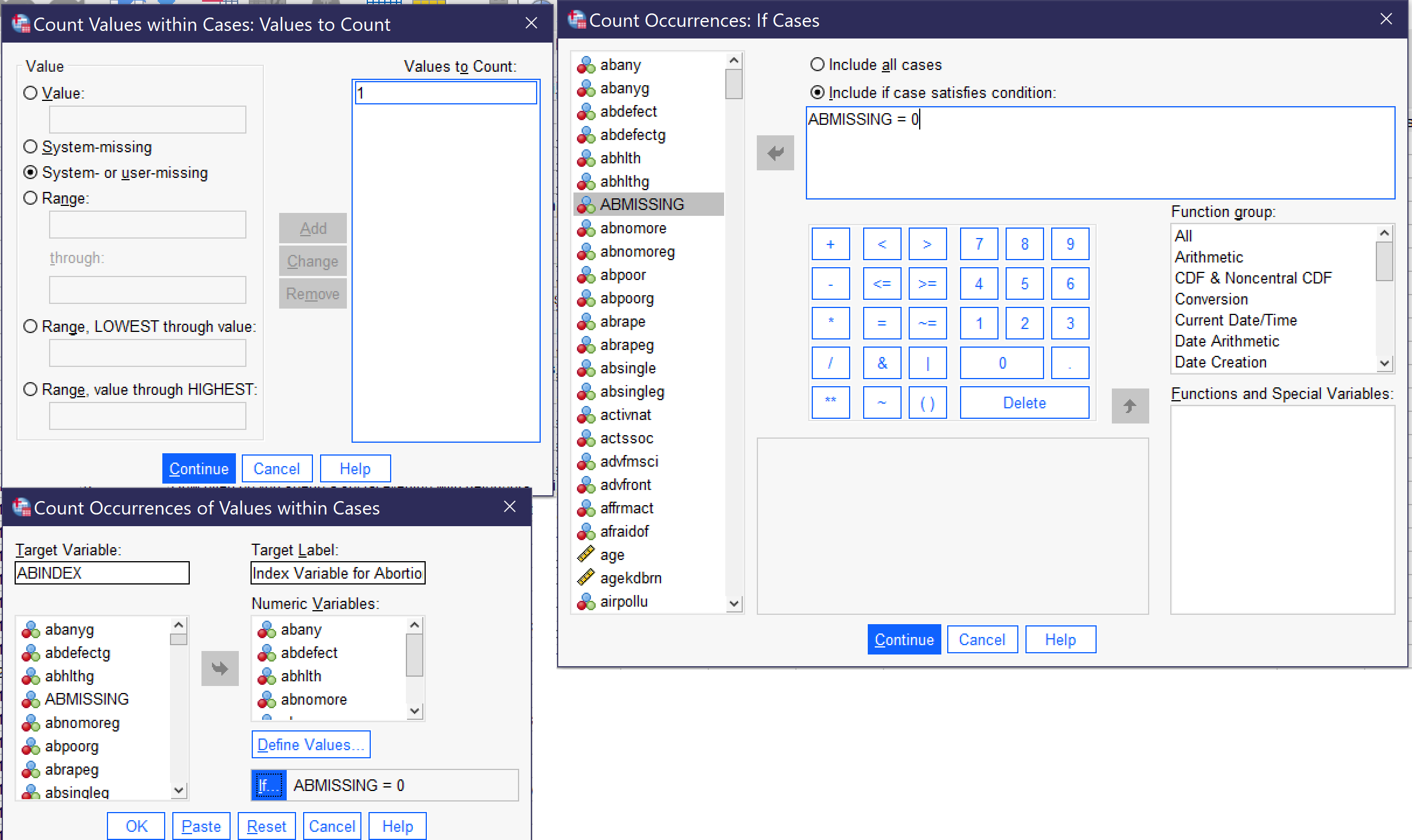 In count dialog: Alt+T for target variable box; Alt+L for target label box; Alt+V for numeric variables box; Alt+D for define values; Alt+I for If... In Define Values dialog box; Alt+V for value; Alt+S for System-missing; Alt+U for system or user missing; Alt+n for range blank through blank; Alt+T to move to the second blank in the range; Alt+G for Range lowest through; Alt+E for Range highest through; Alt+O for Values to Count box; Alt+C to continue. In If dialog, Alt+A for include all cases; Alt+I for Include if case satisfies condition; it is easiest to then type the If function directly.