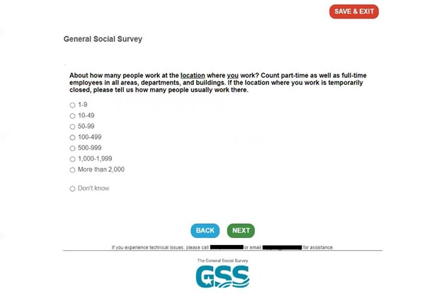 Screenshot of what survey-takers saw when answering the web version of the 2021 GSS. The question displayed asks how many people work at the location where the respondent works and gives 8 answer choices: 7 ordinal categories and a don&#039;t know option.