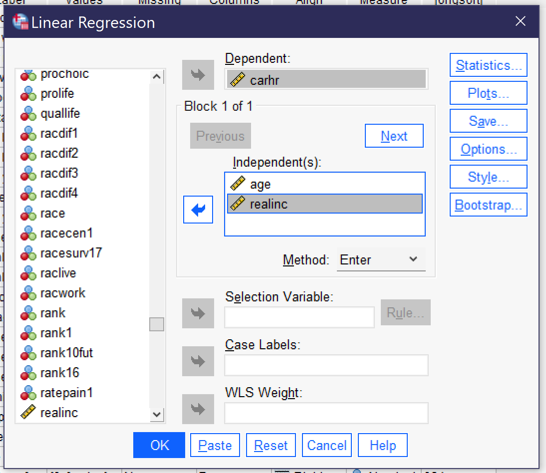A screenshot of the linear regression dialog with CARHR as the dependent variable and AGE and REALRINC as the independent variables (in the Block 1 of 1 box).