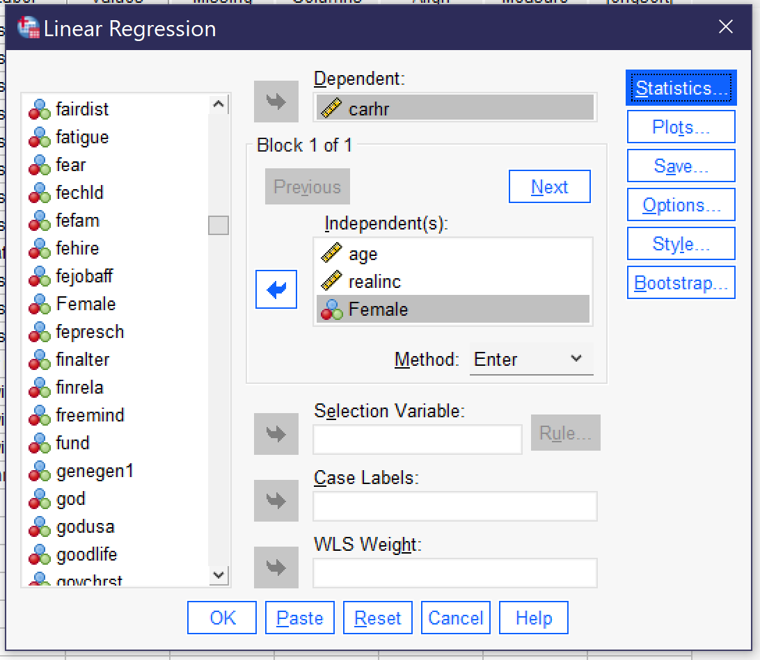 A screenshot of the linear regression window with age, realrinc, and female as independent variables and carhr as the dependent variable.