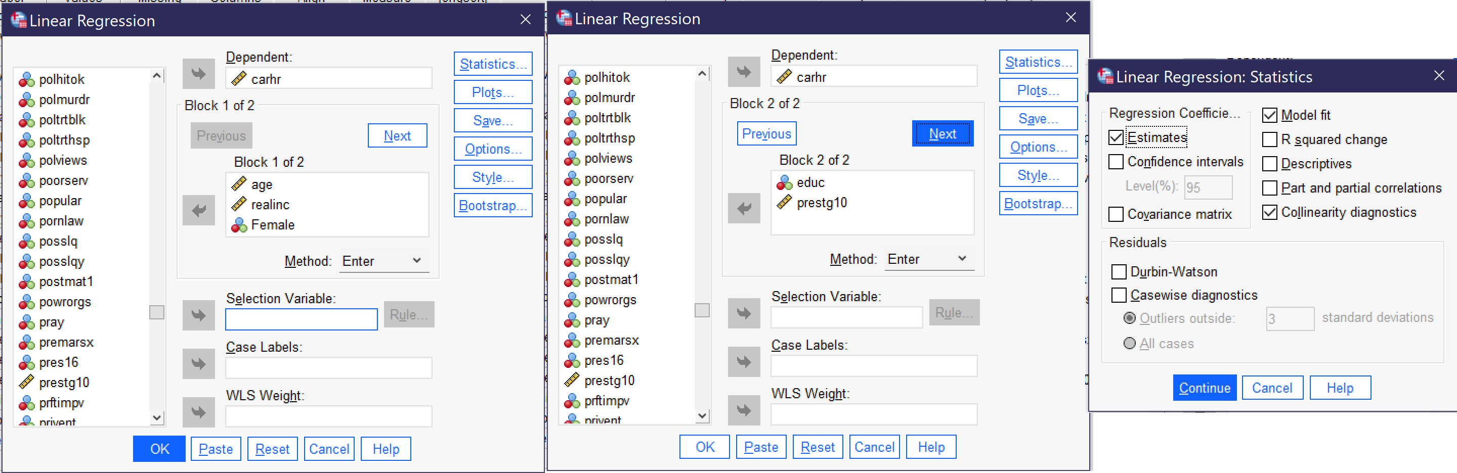 Screenshots of the regression dialogs set up as described in the text. Alt+V moves the display to the previous block of variables; Alt+N to the next block.