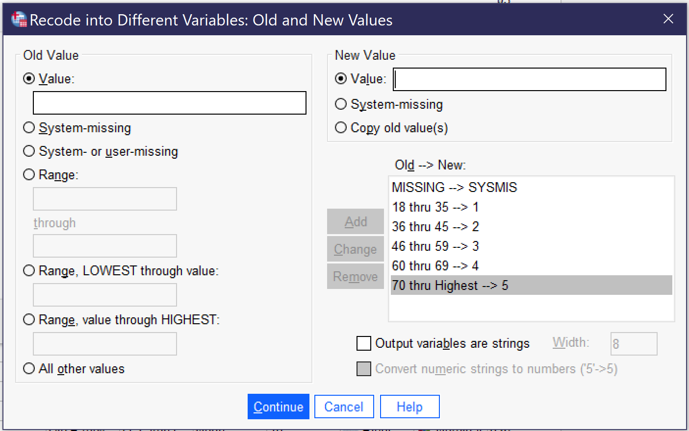 Alt+V old value single value box; Alt+S old value system missing; Alt+U old value system or user missing; Alt+N old value range value through value; Alt+t goes to the the box for the second value in the value through value range; Alt+G old value lowest through value; Alt+E old value value through highest; Alt+O old value all other values; Alt+L new value specify value box; Alt+Y new value system missing; Alt+P old value copy old value; Alt+D Old-&gt;New box; Alt+A add; Alt+C change; Alt+M remove; Alt+B output variables are strings and Alt+W to specify width; Alt+M convert numeric strings to numbers (&quot;5&quot;-&gt;5); Alt+C to continue