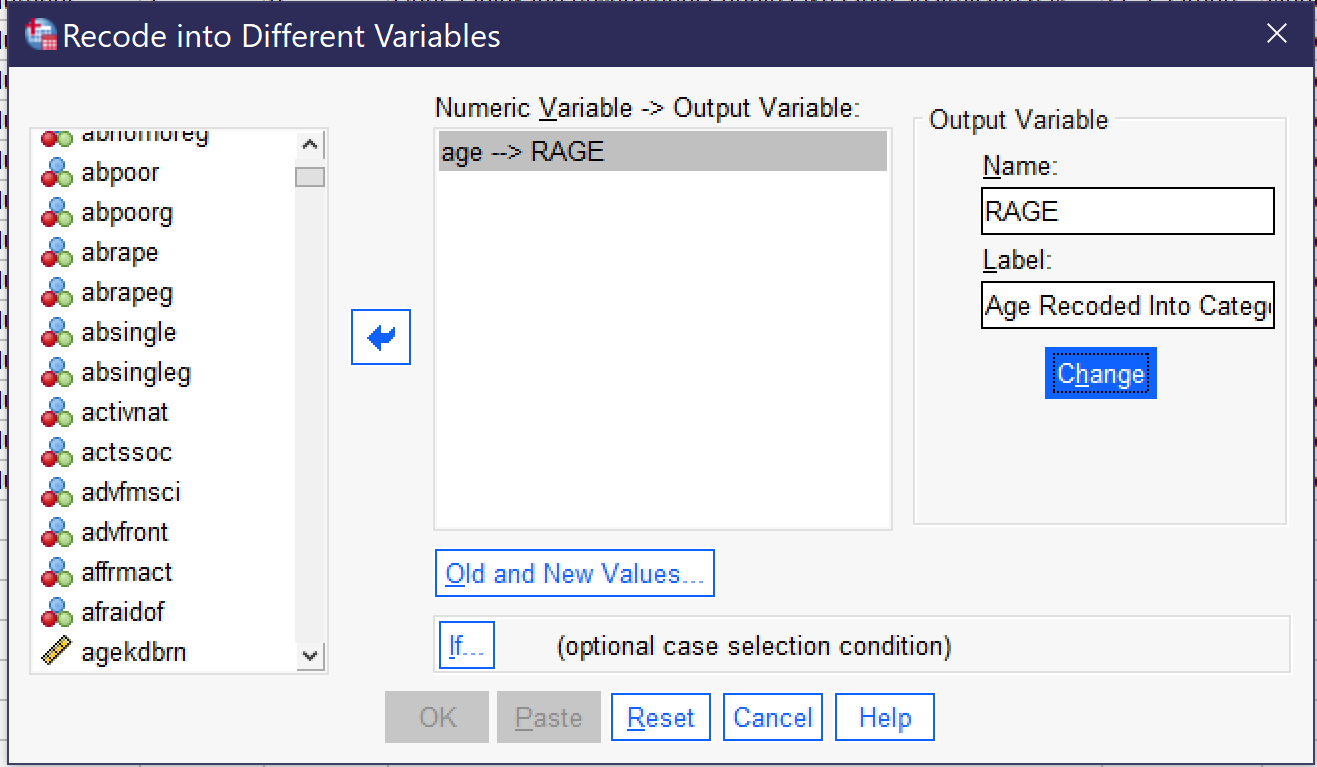 Alt+V for the Input variable to Output variable box; Alt+N for name; Alt+L for label; Alt+H for the change button that submits the name and label; Alt+O for old and new values; Alt+I for If... (optional case selection)