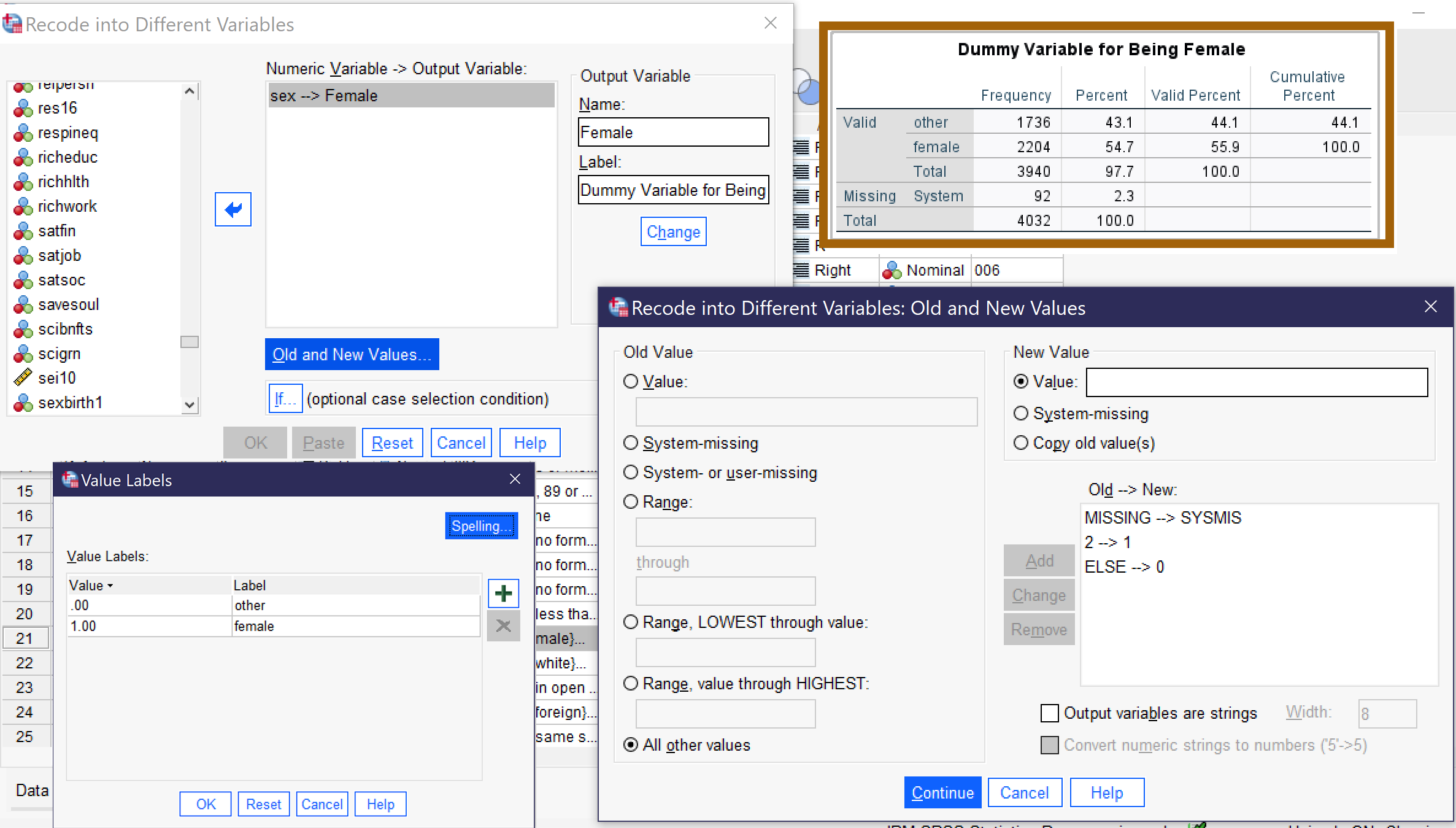 Screenshots of the process of recoding Sex to create the dummy variable Female. Recode window says Sex --> Female, Name Female, Label Dummy Variable for Being Female. Old and new values window says Missing -> Sysmis; 2->1; Else -> 0. Value labels says 0 other, 1 female. Frequency table says other 44.1% valid percent; female 55.9% valid percent. See images in chapter on data management for more details on recoding.