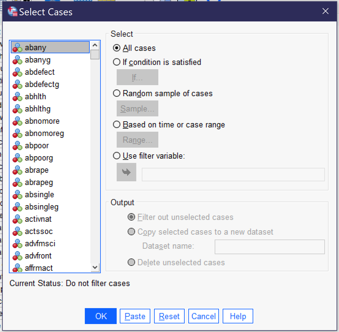 Alt+A for all cases; Alt+C for if condition is satisfied; Alt+D for a random selection of cases; Alt+B for based on time or case range; Alt+U for use filter variable; Alt+F for filter out unselected cases; Alt+O for copy selected cases to a new dataset (with Alt+S moving the cursor to the blank for indicating the new dataset name); and Alt+L for delete unselected cases.