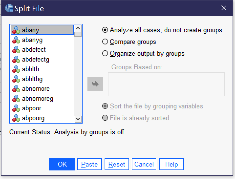 Alt+A for analyze all groups; Alt+C for compare groups; Alt+O for organize by groups; Alt+G for the groups based on box; Alt+S for sort file by the grouping variable; Alt+F for file is already sorted.