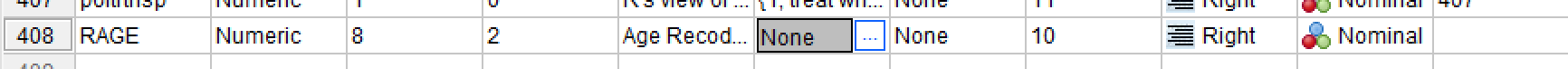 A snippet of variable view showing the new RAGE variable ready to enter the value labels dialog