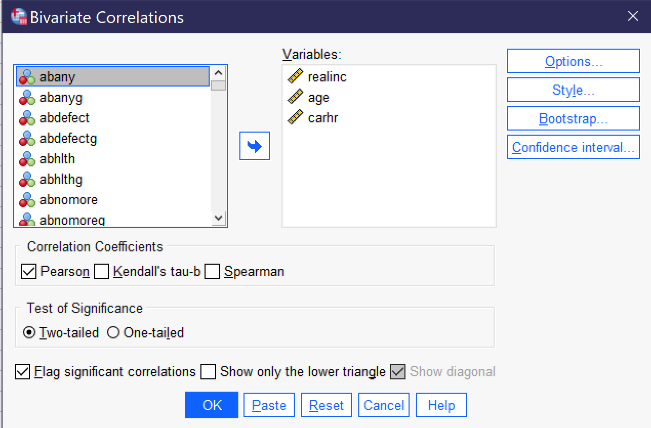 A screenshot of the bivariate correlation dialog. Alt+V moves to the variables box. Alt+N toggles the Pearson coefficient; Alt+K the Kendall's tau-b, and Alt+S the Spearman; Alt+T selects two-tailed and Alt+L selects one-tailed. Alt+F toggles Flag significant correlations. There is an option to show only lower triangle but it must be accessed via tab. Alt+O opens the options menu, under which Alt+M produces means and standard deviations. There are various other tools and options which are less frequently used.