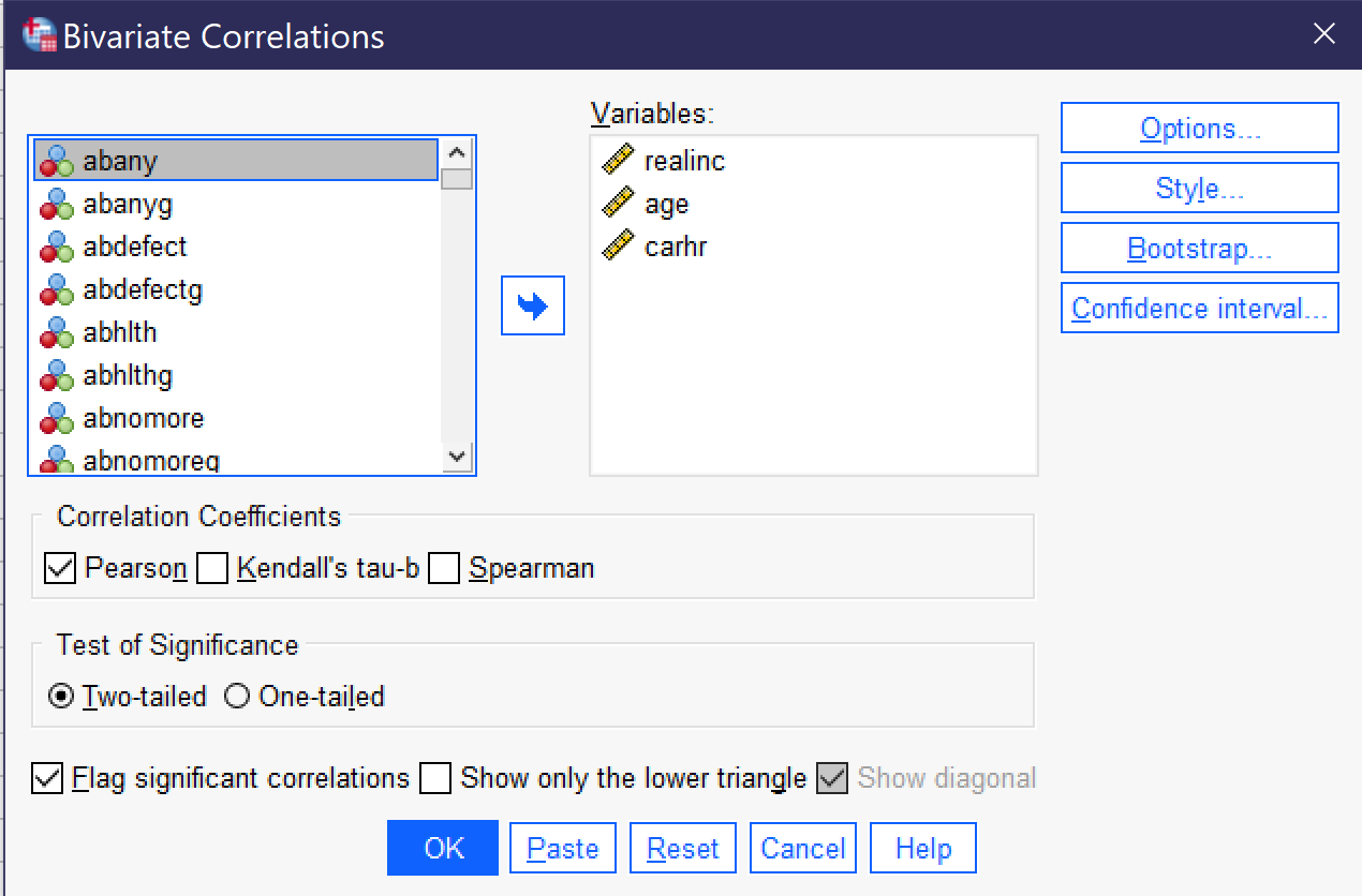 A screenshot of the bivariate correlation dialog. Alt+V moves to the variables box. Alt+N toggles the Pearson coefficient; Alt+K the Kendall&#039;s tau-b, and Alt+S the Spearman; Alt+T selects two-tailed and Alt+L selects one-tailed. Alt+F toggles Flag significant correlations. There is an option to show only lower triangle but it must be accessed via tab. Alt+O opens the options menu, under which Alt+M produces means and standard deviations. There are various other tools and options which are less frequently used.