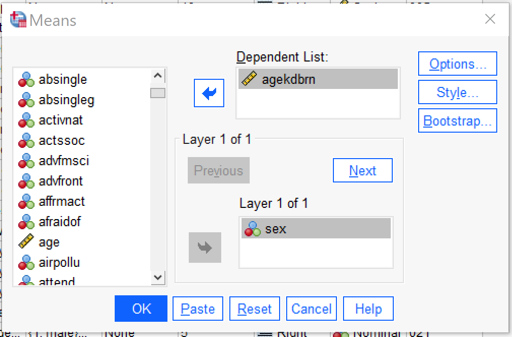 Alt+D for dependent list; Alt+O for Options; Alt+l for Style; Alt+B for bootstrap. It may be easier to navigate this dialog with tabs. Under Options, Alt+S for statistics; Alt+A for ANOVA table and eta.