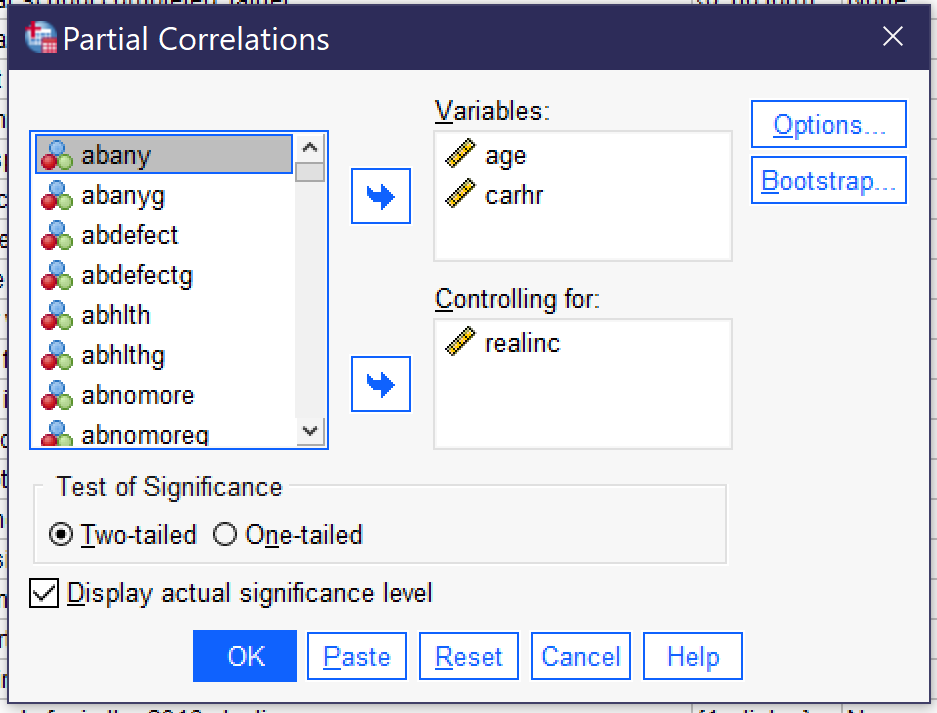 A screenshot of the partial correlation dialog box. Alt+V moves to the variables box, while Alt+C moves to the Controlling for box. Alt+T selects a two-tailed test of significance, while Alt+N selects a one-tailed test. Alt+D toggles Display actual significance level. Alt+O options the Options dialog, under which Alt+M produces means and standard deviations.