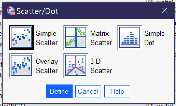 A screenshot of the dialog for selecting the type of scatterplot. Use arrow keys to move between simple scatter, matrix scatter, and other options not described in this text. Use tab to move to the Define button, Cancel, or Help.
