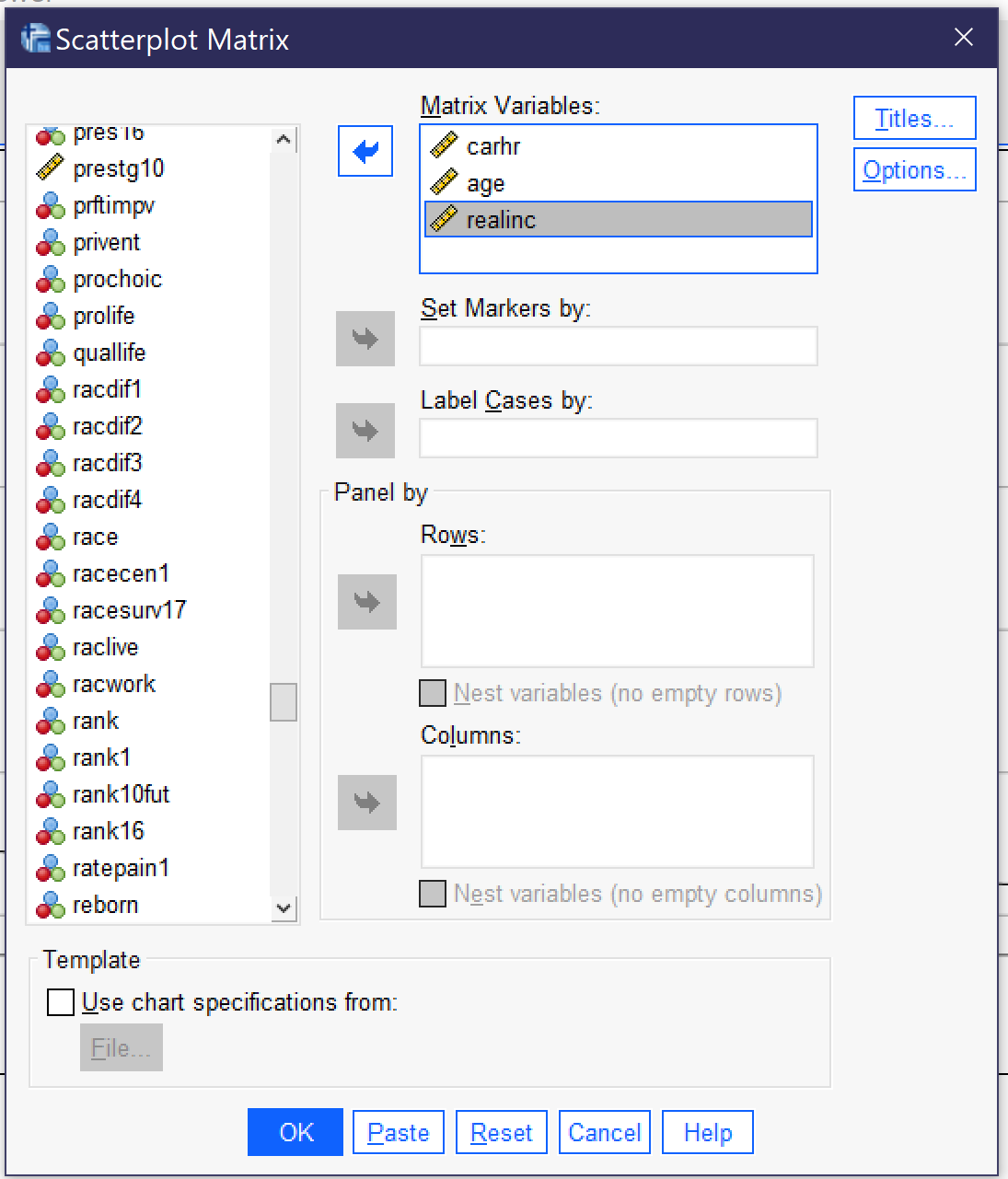 A screenshot of the dialog for producing a scatterplot matrix. Alt+M goes to the box for entering matrix variables. Other key codes are as discussed in relation to Figure 2.