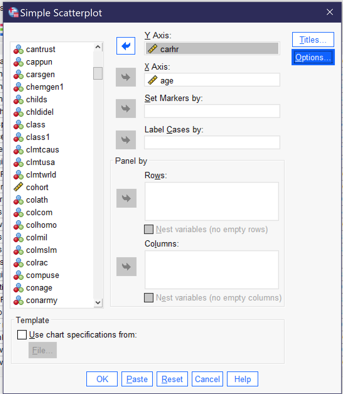 A screenshot of the dialog for a simple scatterplot. Alt+Y accesses the Y Axis variable and Alt+X accesses the X axis variable. Other options include Alt+S for Set Markers By, Alt+C for Label Cases By, Alt+W for Panel By Rows, Alt+L for Panel by Columns, Alt+T for the titles dialog, Alt+O for the Options dialog, and Alt+U to toggle Use Chart Specifications from (after which Alt+F allows you to load a file with the chart specifications). Under Titles, Alt+L for Line 1 of the title, Alt+N for line 2, Alt+S for the subtitle, Alt+1 for line 1 of the footnote, Alt+2 for line 2 of the footnote. Under Options, most will typically be greyed out, but if not, Alt+X for exclude cases listwise, Alt+V for exclude cases variable by variable, Alt+D to toggle Display groups defined by missing values, Alt+S to toggle Display chart with case labels; Alt+E for Display error bars, Alt+C for Error Bars Represent Confidence intervals (Alt+L allows you to specify the level), Alt+A for Error Bars represent Standard error (with Alt+M allowing you to specify the Multiplier), and Alt+N for Error Bars represent Standard Deviation (with Alt+M allowing you to specify the multiplier).